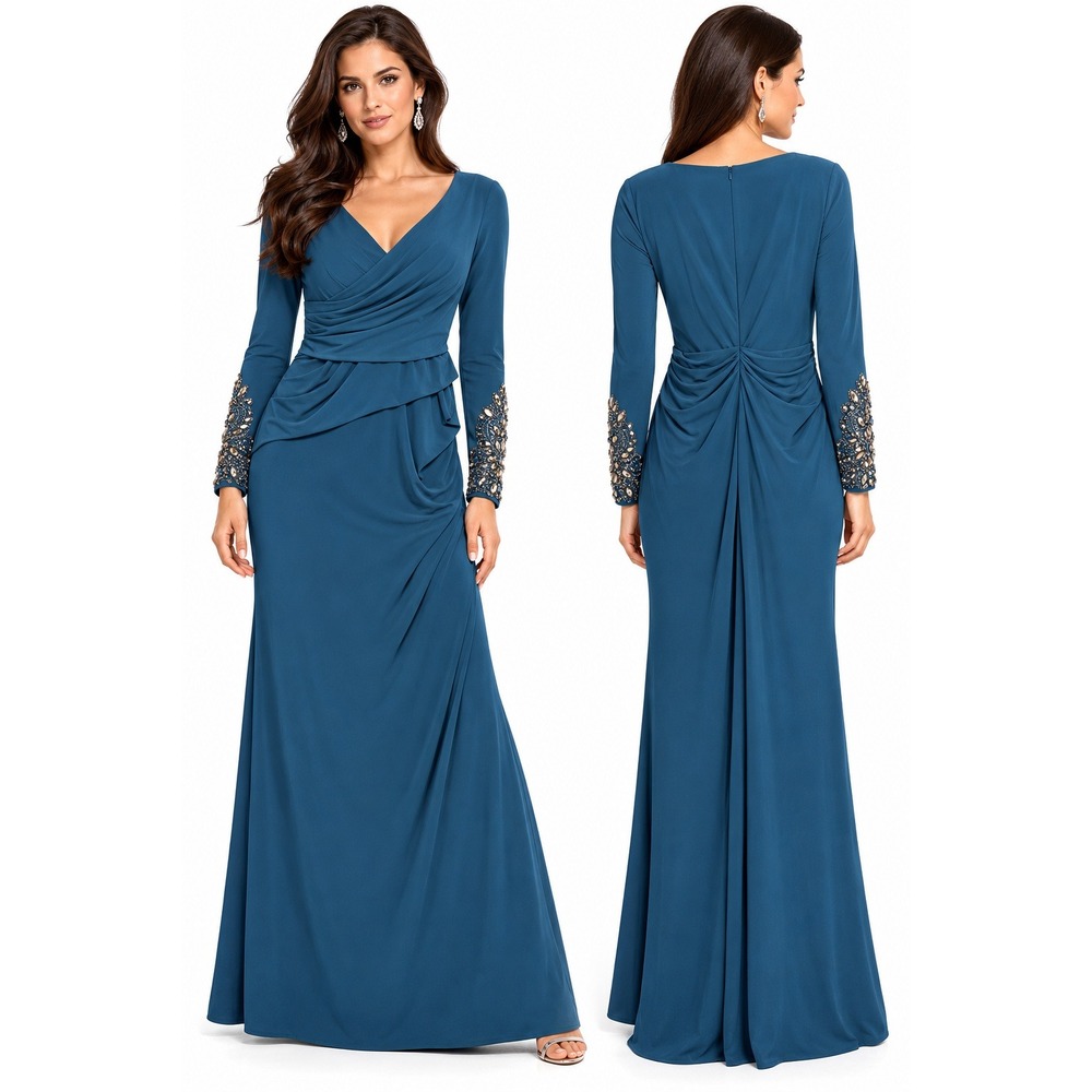 Adrianna Papell Eveng Sky Blue Draped V-Neck Beaded Cuff Gown Size 8